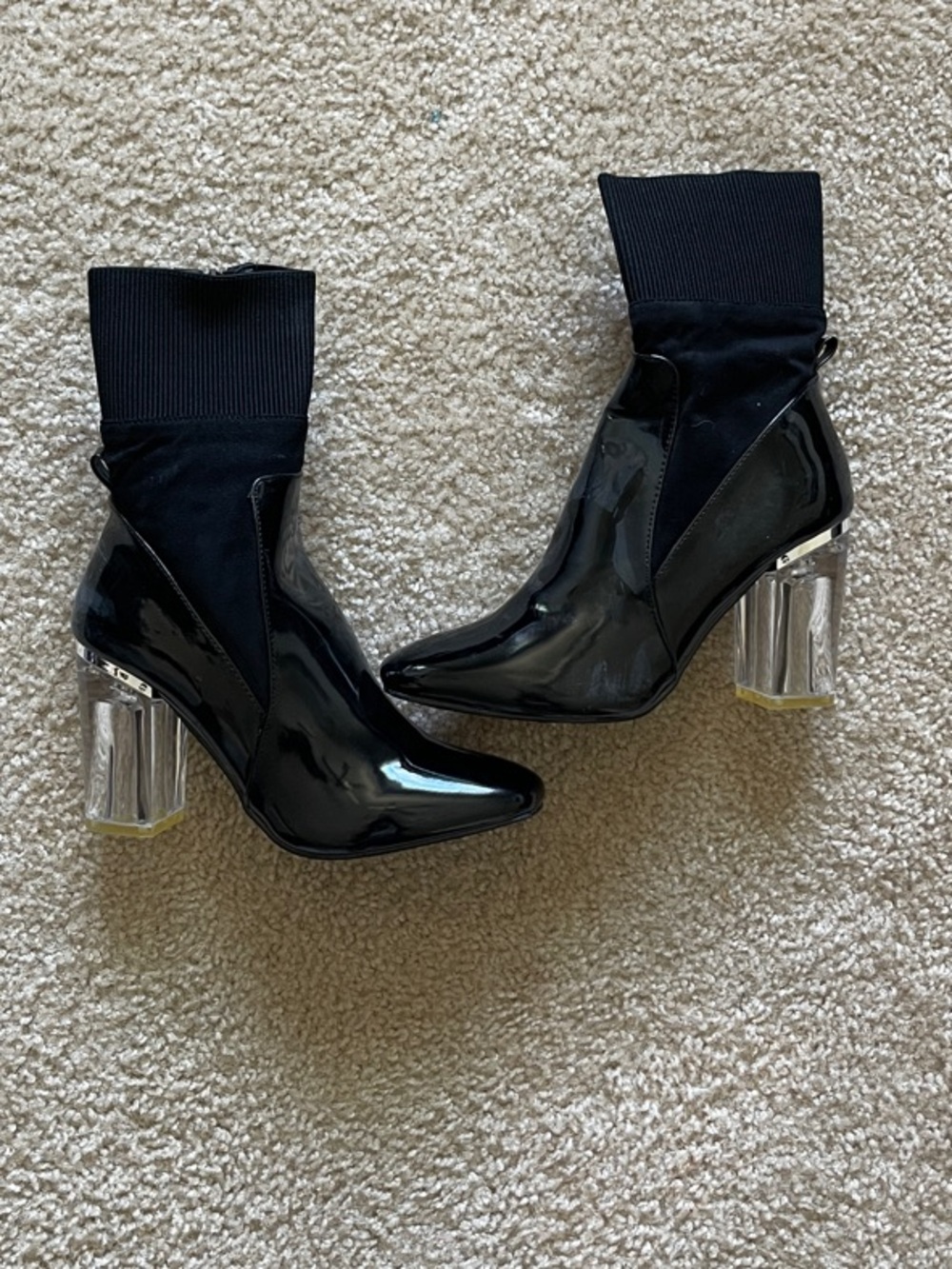 NEW! Black Patent Sock Ankle Boots with Clear Block Heel - Women